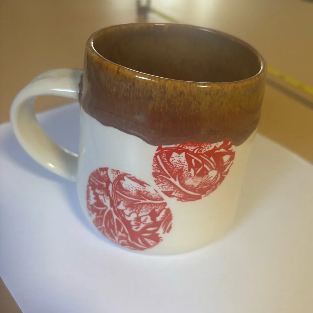 Studio pottery handmade stenciled coffee mug